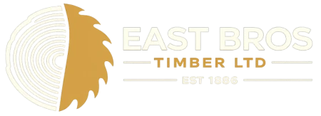 East Bros Timber Ltd logo with timber cross-section and circular saw blade, established 1886, specialist timber supplier.