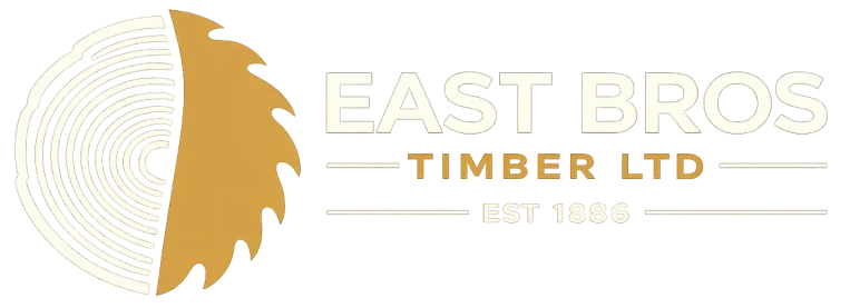 East Bros Timber Ltd logo with timber cross-section and circular saw blade, established 1886, specialist timber supplier.
